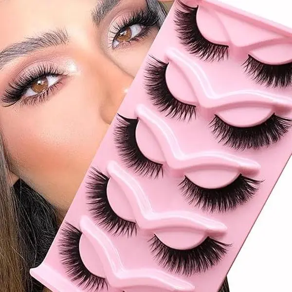 Natural False Eyelashes (5 Pairs), Wispy Cat Eye Faux Cluster Lashes, Natural Curling Eye Makeup Strip Lashes, Full Volume Eyelash for Lashes Extensions, Valentine's Day Gift Cosmetic