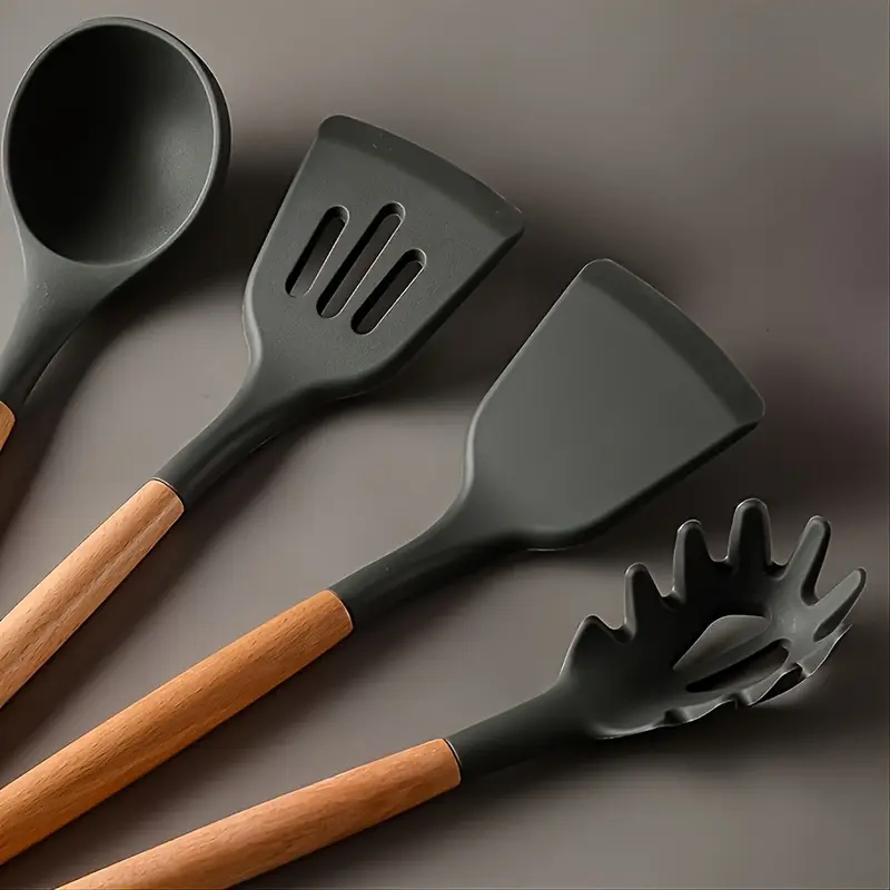 Kitchen Cooking Utensil Set, 12 Pcs Silicone Kitchen Cooking Utensil Set with Utensil Holder, Heat Resistant Non Stick Cooking Tool, Summer for Gift, Wooden, Handles 6