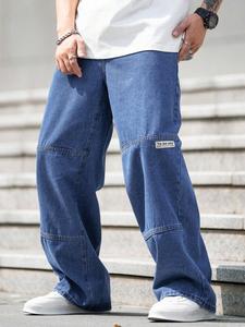 Men's Letter Patched Pocket Button Fly Wide Leg Jeans, Loose Casual Style Denim Trousers for Daily Wear, Fashion Men's Bottoms for All Seasons, Cotton, Long Pants, Menswear,  Streetwear