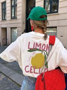 Women's Lemon Print Round Neck Tee, Fashion Casual Short Sleeve T-shirt, Ladies Summer Clothes for Daily Wear, Top