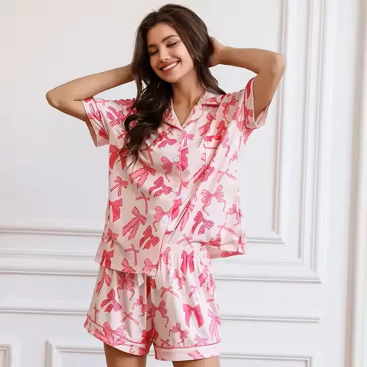 Women's knit pajama set with print – loose-fit T-shirt and patterned shorts, soft and breathable fabric, comfortable for sleep and home. Womenswear Nightwear Homewear Pjs Hip Pink Shortsleeve pyjama women wear jam Loungewear sammer pajama