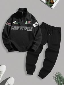 Men's Letter Print Zip Up Sweatshirt & Sweatpants Two-Piece Set, Casual Long Sleeve Top & Jogger Pants for Spring & Fall, Men's Two-piece Outfits for Daily Wear