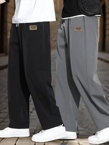 Men's Letter Print Drawstring Waist Pants, Casual Comfy Breathable Straight Leg Trousers for Summer, Men's Bottoms for Daily Wear