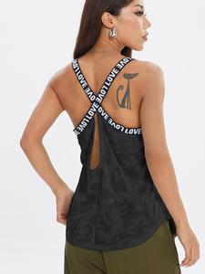 Women's Letter Tape Criss Cross Back Mesh Sports Tank Top, Casual Breathable Sports Vest for Yoga Gym Workout Running, Ladies Sportswear Fitness for Spring & Fall, Activewear