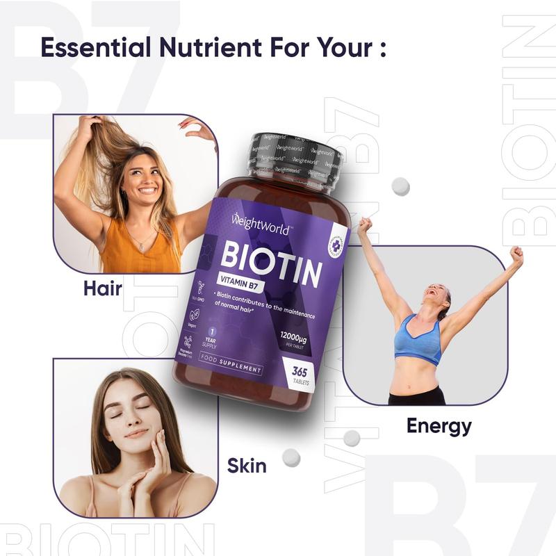 Biotin Hair Growth Supplement 12000mcg - 365 Vegan Biotin Tablets (1 Year Supply) - Hair Skin & Nails Vitamins for Women & Men - High Absorption D-Biotin - Hair Growth Vitamins (Not Biotin Gummies) 2