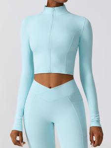 Women's Solid Zip Up Crop Sports Jacket, Sporty Long Sleeve Stand Collar Sports Outerwear for Yoga Gym Workout Running, Coats for Women, Ladies Sportswear for All Seasons