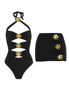 Women's Flower Decor Ruched Halter One-piece Swimsuit & Cut Out Swim Skirt Set, Solid Tie Backless Criss Cross Swimwear & Cover Up Skirt, Ladies Swimsuit for Beach Holiday Vacation, Cutout Swim Suit