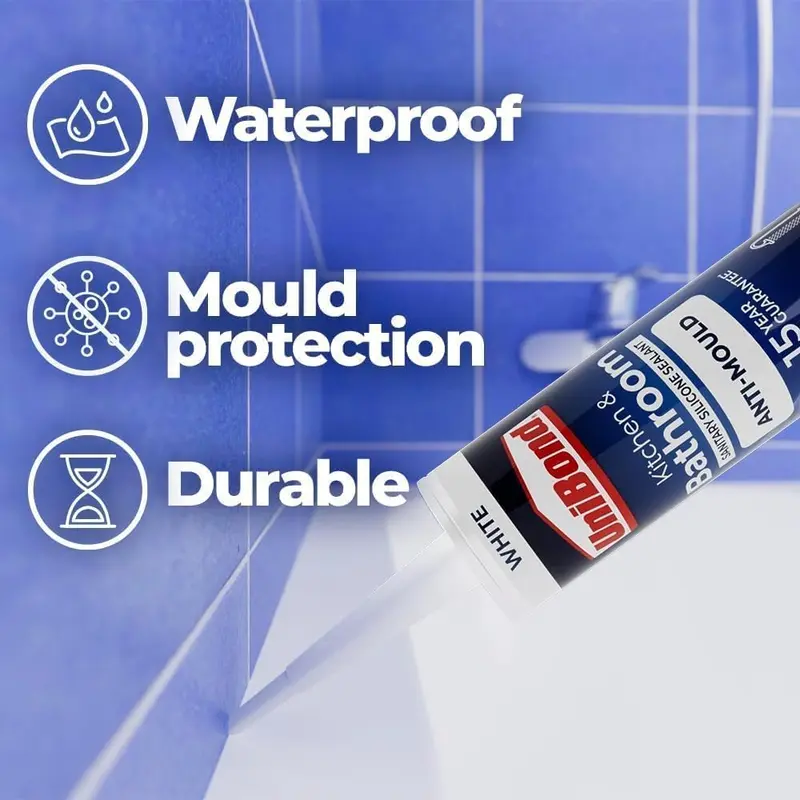UniBond 2079356 Anti-Mould White, Waterproof Mould Protection Kitchen & Bathroom Sealant, Long-lasting White Silicone Sealant, Powerful Bath Sealant, 1 x 274g Cartridge 1