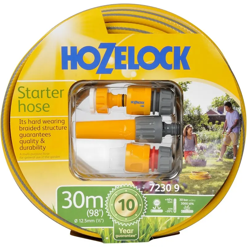 HOZELOCK - Starter Hose Kit ø 12.5mm (1/2") 30m : Versatile, UV-resistant Garden Hose, 4-layer Braided Reinforced Hose, Hard Wearing, Includes Fittings and Nozzle, 10 Year Guarantee* [7230P9000] stainless steel tap 1
