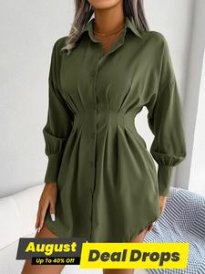 Women's Minimalist Solid Curved Hem Ruched Button Front Collar Shirt Dress, Lady Vintage Drop Shoulder Long Sleeve Short Dress, Holiday Dresses, A-line Dress for School Office, Summer Polyester Dresses, Casual Dresses, Spring Dresses 2025