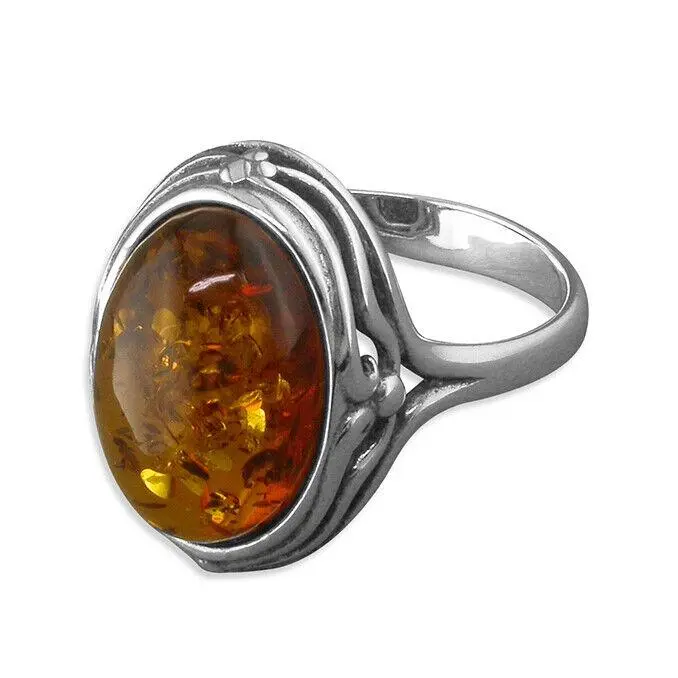 Cognac Amber Oval Statement Ring With Fancy Edge Solid Sterling Silver 925