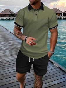 Men's Colorblock Short Sleeve Polo Shirt & Drawstring Shorts Set, Fashion Regular Fit Collared Top & Elastic Waist Track Shorts, Summer Outfits 2024, Men Two-Piece Outfits For Summer
