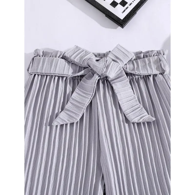 Girl's Solid Textured Belted Wide Leg Pants, Casual Fashion Comfy Frill Trim Trousers for Fall & Winter, Kids Bottoms for Daily Wear 3