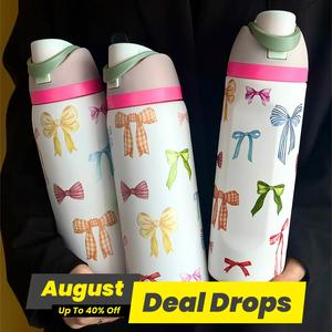 Bow Pattern Stainless Steel Vacuum Flask, 1 Count Portable Insulated Water Bottle with Straw, Leakproof Insulated Tumbler, Summer Cool Bottle Drinking Cup for Home Office School Outdoor Camping, Insulated Travel Drinkware, Leak Resistant Tumbler