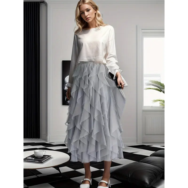 Elastic Waist Mesh Layered Tutu Skirt, Casual Solid Color Tiered Skirt for Women 4