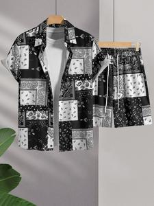 Men's All Over Print Shortsleeve Shirt & Shorts Two-piece Set, Regular Fit Casual Shortsleeve Button Up Top & Shorts, Men's Summer Outfits Set for Beach Vacation, Formal Clothes, Shortsleeve Menswear
