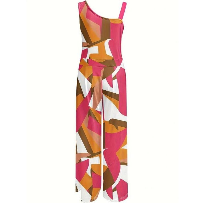 Women's Floral Print Ring Linked Asymmetrical Neck Plicated Jumpsuit, Boho Casual High Waist Wide Leg Jumpsuit for Summer, Summer Clothes 7