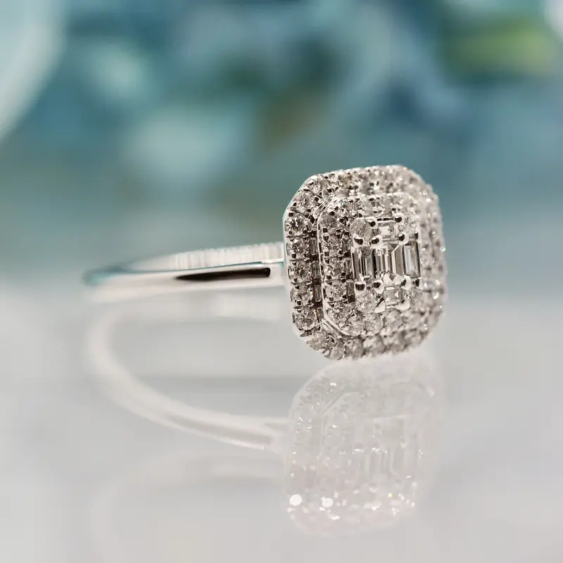 White Gold 0.21ct Baguette & Round Brilliant Cut Diamond Octagonal Cluster Ring, size L 1/2 2