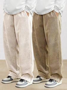 Men's Solid Drawstring Waist Corduroy Pants, Loose Casual Comfy Straight Leg Trousers for Fall & Winter, Men's Bottoms for Daily Wear