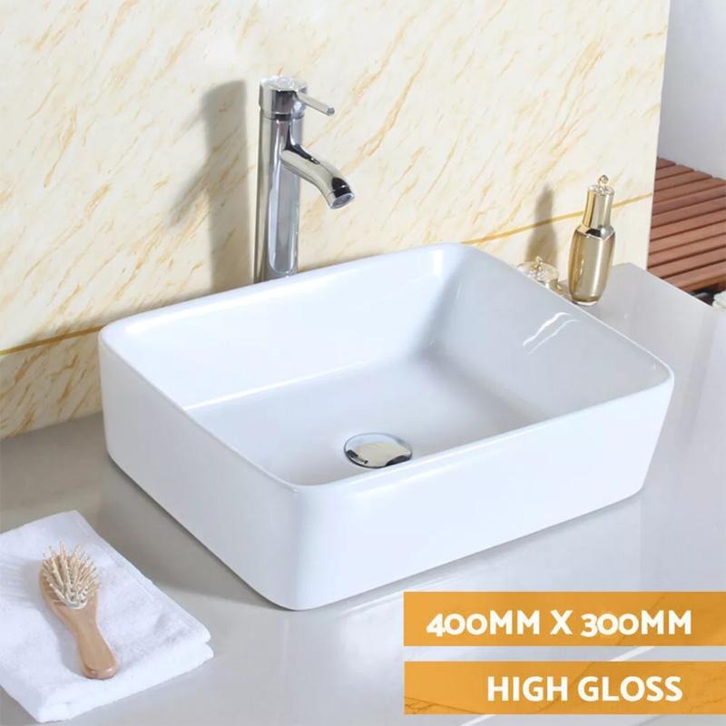 Modern White Ceramic Countertop Basin Rectangular Bathroom Sink | Stylish Cloakroom Wash Bowl for Vanity Unit, Ensuite or WC | Gloss Finish, Easy Clean & Durable | Space Saving Contemporary Counter Top Vessel Basin Sink for Home UK 0