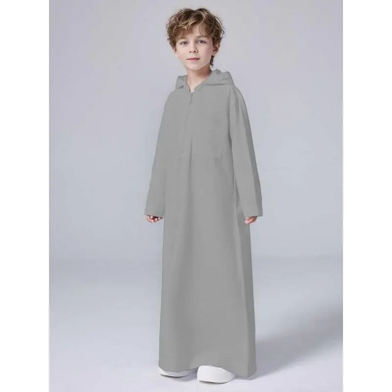 Boy's Solid Pocket Zipper Robe , Modest Hooded Long Sleeve Robe for Daily Wear, Kids Clothing for All Seasons 8