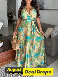 Women's All Over Print Halter Dress, Bohemian Casual Trendy Bohemian Sleeveless Backless Long Dress for Summer, Women's Clothing for Beach Holiday, Womenswear