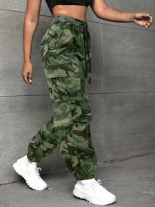 Women's Camo Print Drawstring High Waist Cargo Pants, Casual Loose Flap Pocket Elastic Waist Trousers For Spring & Fall, Women's Bottoms For Daily Wear
