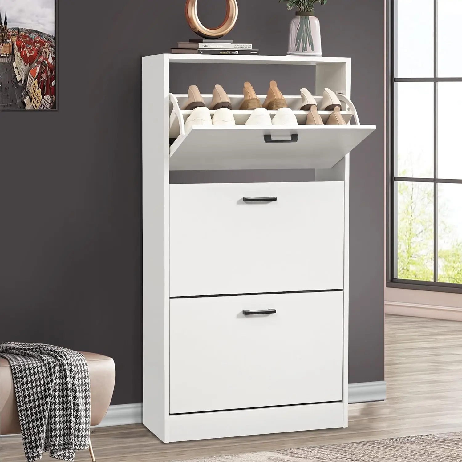 Shoe Cabinet with 3 Drawers, Pull-Down Wooden Shoe Cabinet Storage Organizer Shoe Rack Cabinet Freestanding Shoe Rack for Hallway, Entryway, Living Room, White, 60W x 24D x 118H cm