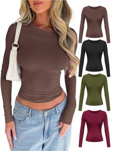 Women's Solid Color Simple Minimalist Long Sleeve Round Neck Tee, Slim-Fitting Casual Crew Neck T-Shirt for Spring & Fall, Fashion Women's Top for Daily Wear, Tshirt