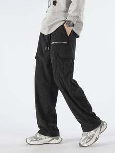 Men's Solid Color Drawstring Waist Corduroy Cargo Pants, Loose Casual Zipper Slant Pocket & Flap Pocket Design Straight Leg Trousers for Fall & Winter, Men's All-Match Bottoms for Daily Wear
