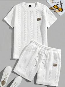 Men's Solid Textured Patched Tee & Drawstring Waist Shorts Set, Regular Fit Casual Round Neck Short Sleeve T-shirt & Pocket Shorts, Men's Summer Clothes