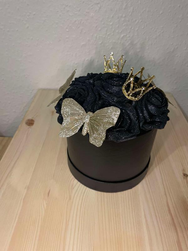 Artificial small black and gold glittered hat box arrangement with roses small crown and gold butterflies bespoke arrangement 4