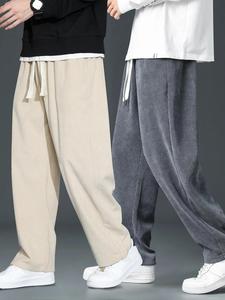 Men's Solid Pocket Drawstring Waist Corduroy Pants, Casual Comfy Straight Leg Trousers for Fall & Winter, Men's Bottoms for Daily Wear