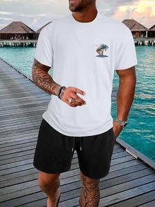 Men's Palm Tree Print Short Sleeve Tee & Plants Print Shorts Two-Piece Set, Loose Casual Round Neck T-shirt & Track Shorts, Summer Outfits Clothes Set for Men