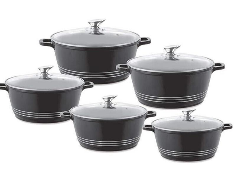 5Pc Durane Casserole Stockpot Cooking Pan Induction Cookware Die-Cast Set Black non stick Aluminium Glass Lid 0