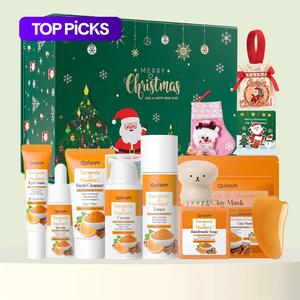 Quiyum Turmeric Vitamin C Christmas Skincare Set, Moisturizing Skin Care Kit, Including Cleanser, Toner, Cream, Eye Cream, Serum, Soap, Mud Mask, Scraping Pate，Octopus Brush，Gift Bag，Card，Gift Box，Best Gift,Skin Care Kit for Women & Girl