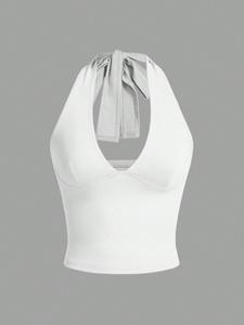 Women's Solid Tie Backless Halter Top, Slim Minimalist Casual Fitted Sleeveless Deep V Neck Crop Tank Top for Summer, Ladies Clothes for Daily Wear, Camisole, Basic Womenswear