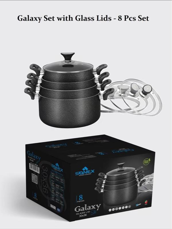 5Pc Durane Casserole Stockpot Cooking Pan Induction Cookware Die-Cast Set Black non stick Aluminium Glass Lid 5