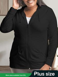 【Plus Size】 Solid Drawstring Pocket Zip Up Jacket, Casual Long Sleeve Hooded Outerwear for Fall & Winter, Women's Plus Clothing for Daily Wear