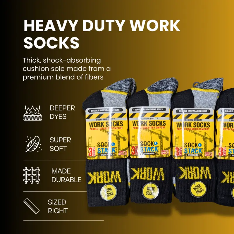 12 Pairs Mens Heavy Duty Work Socks Cushion Sole Reinforced Toe Heel Durable Black Boot Sock for Construction Outdoor Jobs Walking Sizes UK 6-11 EUR 39-45 by Sock Stack 1