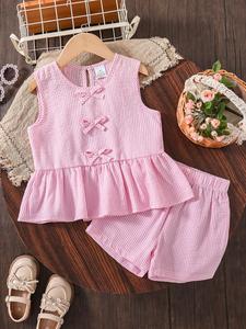 Girl's Striped Print Bow Decor Tank Top & Elastic Waist Shorts Two-piece Set, Casual Sleeveless Top & Shorts for Summer, Kids Clothes for Daily Wear, Outfit