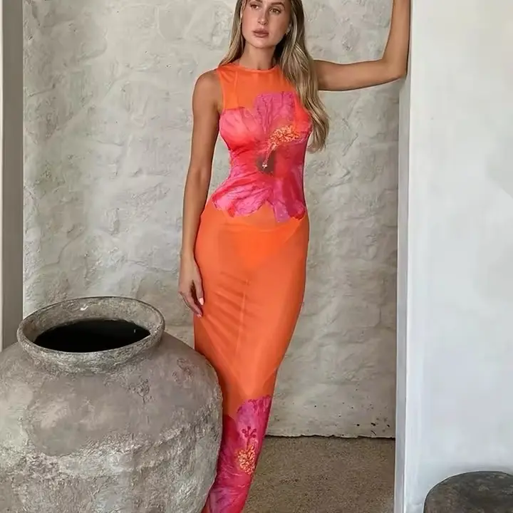 Women's Printed Perspective Mesh Party Sexy Backless Bodycon Elegant Midi Long Dress for Summer - Womenswear, Formal Comfort Workwear Basic Minimalist Sleeveless 1