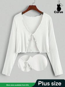 【Plus Size】 Solid Color Tie Front Lettuce Trim Cardigan, Casual Long Sleeve V Neck Knitwear for Spring & Fall, Women's Plus Clothing for Daily Wear, Going Out Tops, Womenswear