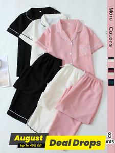 Women's Contrast Binding Lapel Neck Pocket Pajama Set, Minimalist Short Sleeve Button Front Shirt & Elastic Waist Pants Pj Set, Casual Comfy Pyjama Set for Women, Summer Pyjamas for Women, Lounge Sets, Loungewear, Lady Nightwear