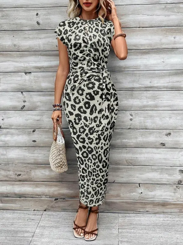 Women's Leopard Print Round Neck Dress, Fashion Casual Dress for Daily Holiday Vacation Wear, Ladies Dress for All Seasons 0