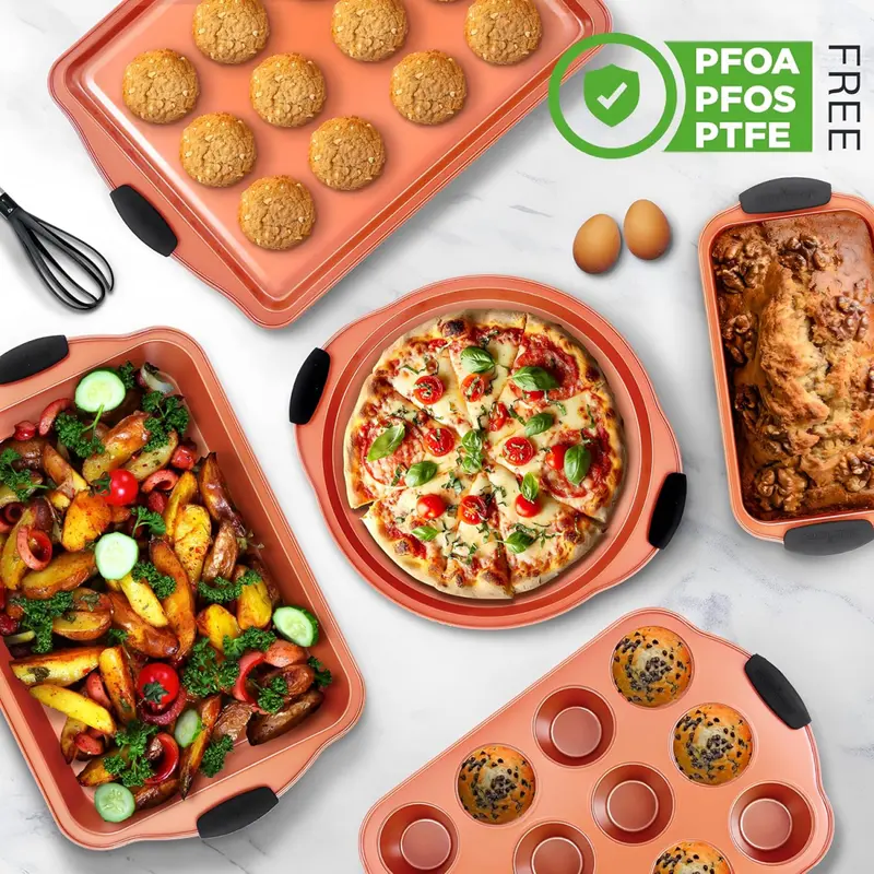 8 Piece Baking Pan Free Flexible Nonstick Carbon Steel Bakeware Set - Home Kitchen Bake Pan Cookie Sheet Stackable Baking Tray Set w/Black Silicone Handles 3