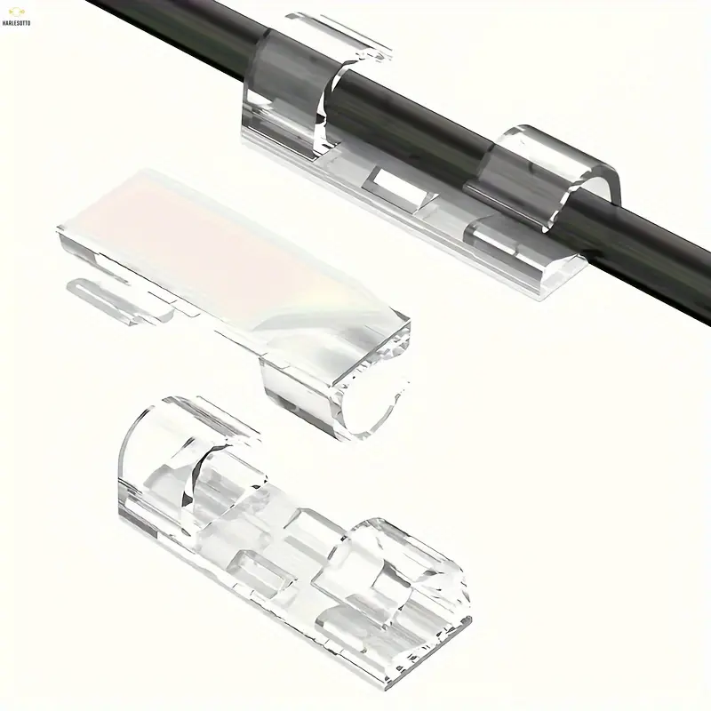 HARLESOTTO     100 Clear Plastic Adhesive Cable Clamps. Ideal for Organizing Cords of Power Strips, on Walls and Under Tables. With a Transparent Design for Easy Visibility, They Offer a Great Home Electrical Wiring Solution.