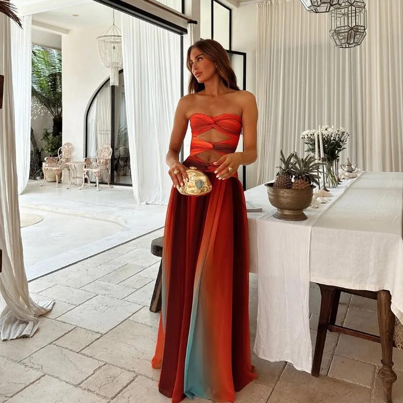 Product Introduction of Sexy Summer Holiday Printed Strapless Hollow Out Dress Women Fashion Contrast Color Backless Robes 2025 Beach Party Vestidos Formal Womenswear Comfort Sleeveless Minimalist 13