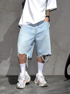 Men's Solid Color Ripped Denim Shorts, Loose Casual Street Fashion Comfy Shorts for Daily Outdoor Wear, Mens Bottoms for All Seasons, Clothing, Cotton Frayed Hem Shorts