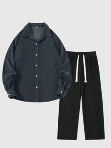 Men's Solid Color Corduroy Shirt & Pants Set, Casual Long Sleeve Top & Trousers, Men's Spring & Fall Clothes